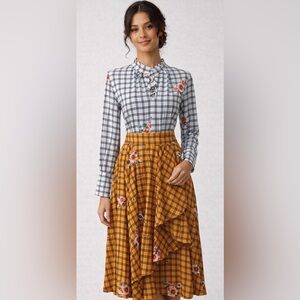 FKSP Esperanza by Anthropologie Windowpane Dress w Floral Accents Size Small